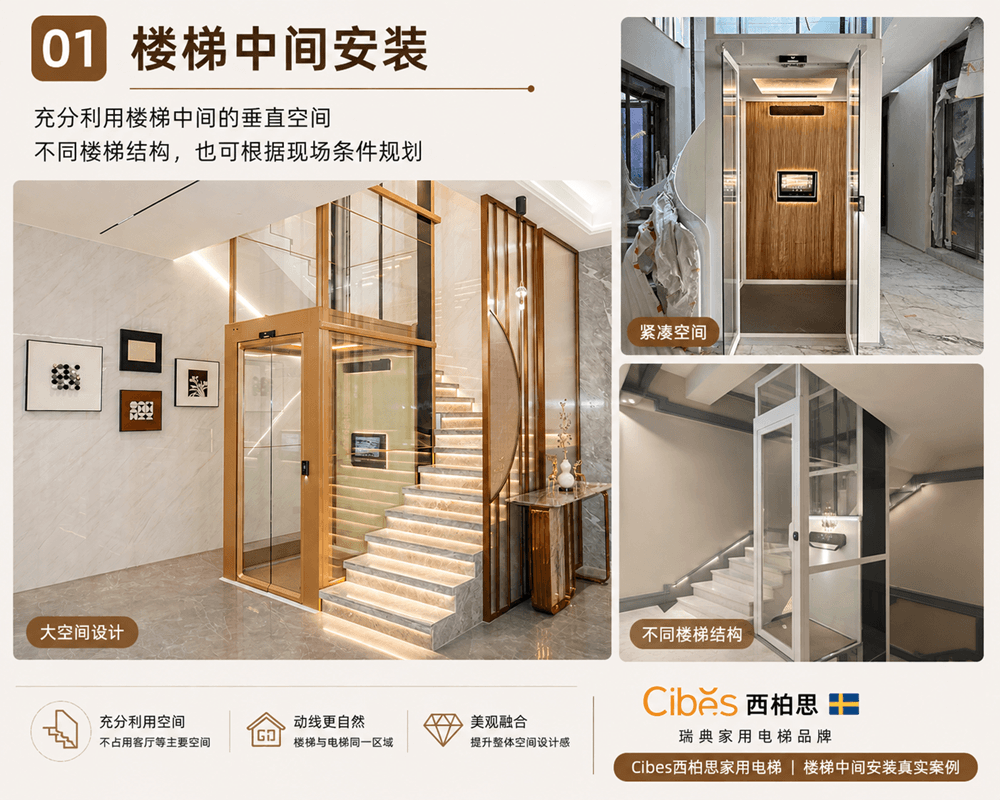 楼梯中间安装Cibes西柏思家用电梯真实案例