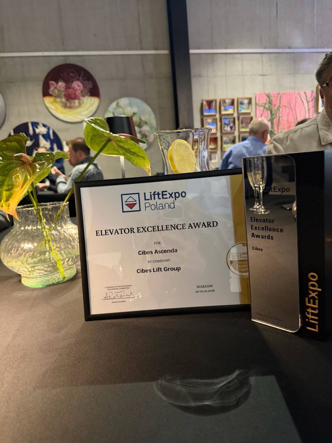 LiftExpo Poland颁发的Elevator Excellence Award证书与奖杯，获奖产品为Cibes Ascenda